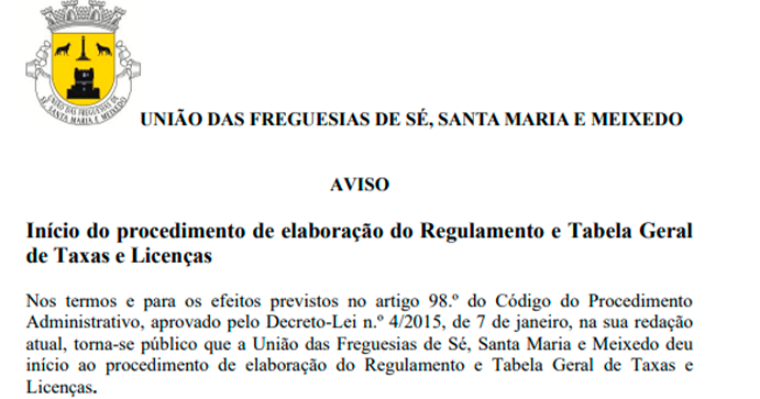 You are currently viewing Regulamento e Tabela Geral de Taxas e Licenças